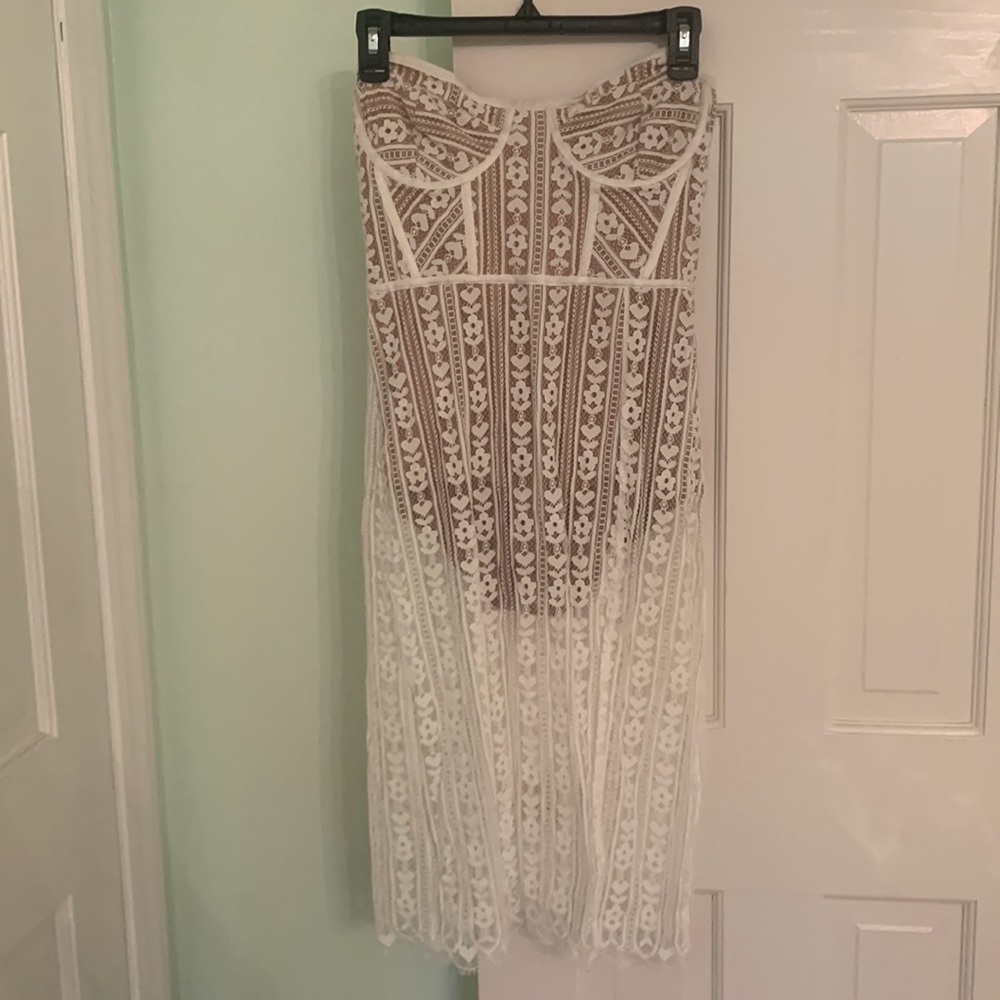 For love and lemons corseted lace dress with nude bodice bodysuit and slit